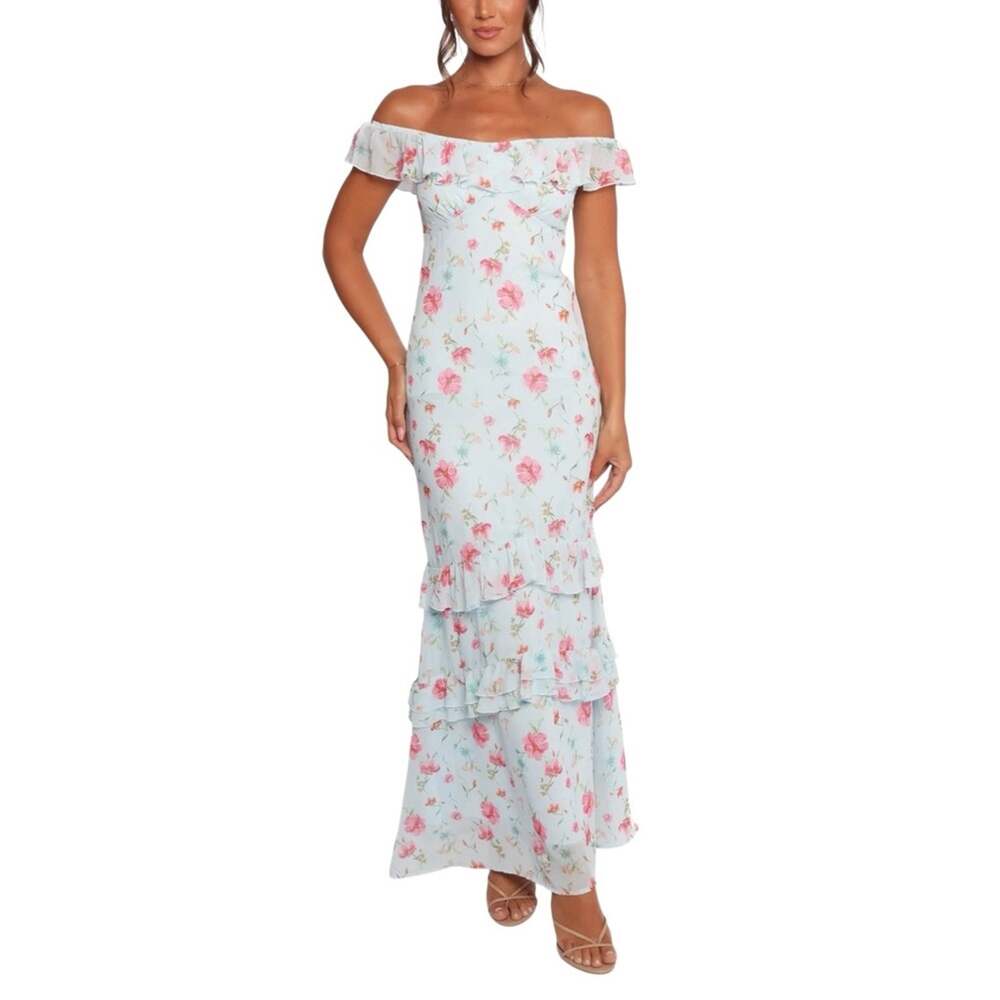 NWOT Petal & Pup Irelynn Floral Off-Shoulder Ruffle Tiered Blue Maxi Dress SMALL